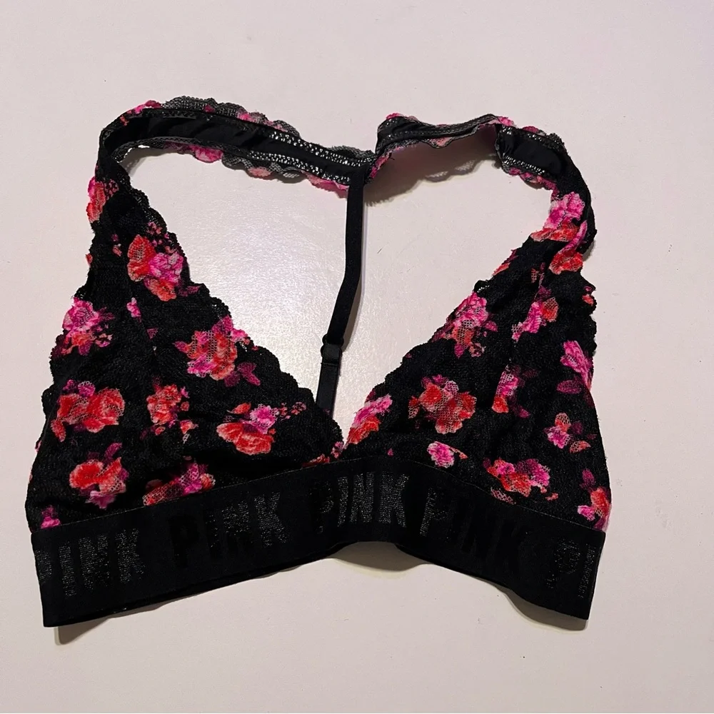 PINK Victoria Secret Black Pink Rose Floral Halter Neck Bralette Bra Small